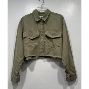 MNG Cropped Utility Shirt Green Womens Size XS Oversized Frayed Hem Button Front